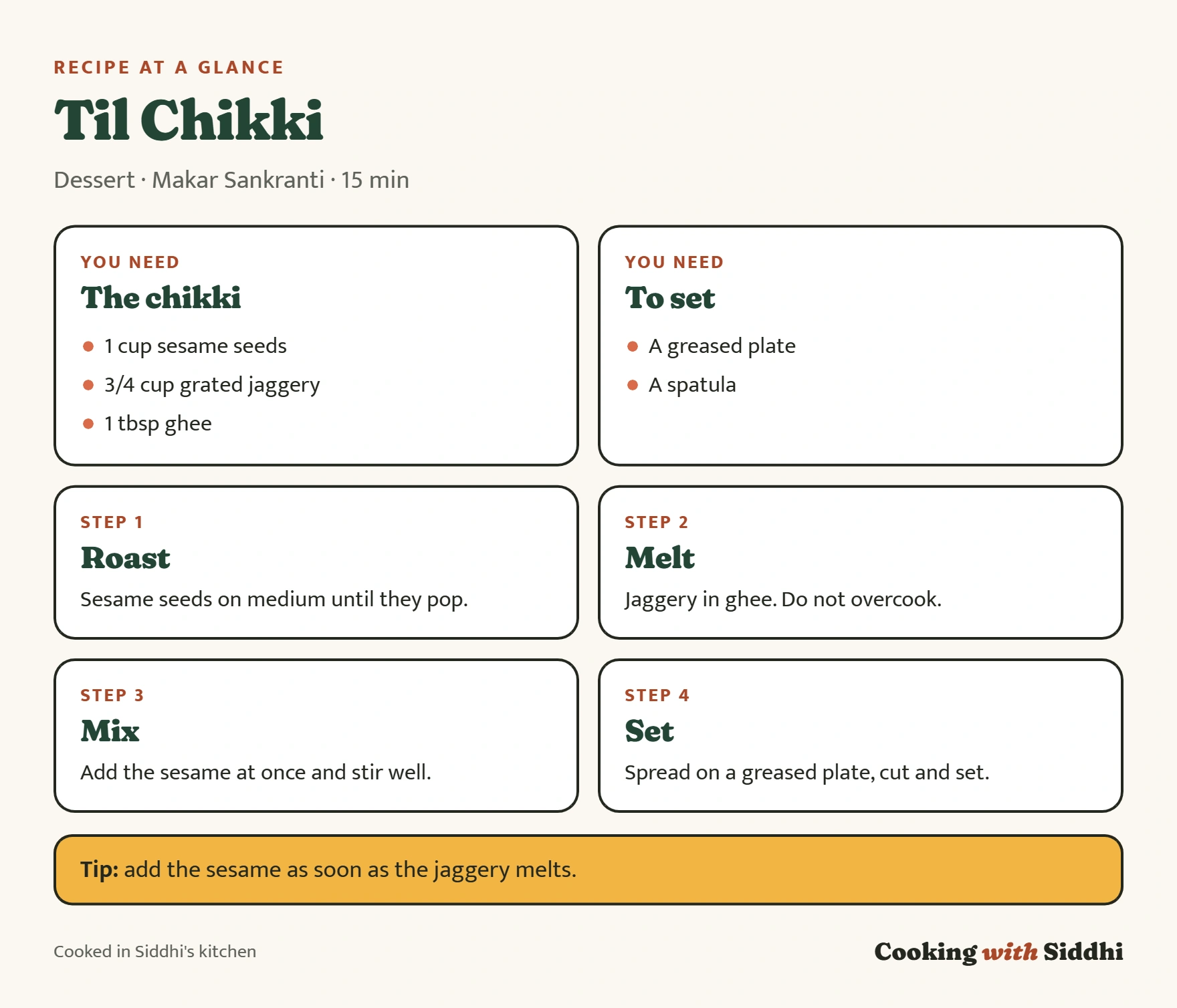 Til Chikki at a glance: ingredients, the four stages of the method and a tip
